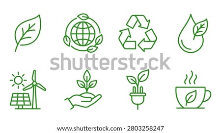 Set of green ecology icons, environmental protection, sustainable energy, recycling, and nature conservation symbols, vector illustration