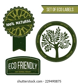 Set of green ecology labels and badges with text: 100% natural, eco friendly. Vector design elements with symbol of nature: ornate tree and leaves.