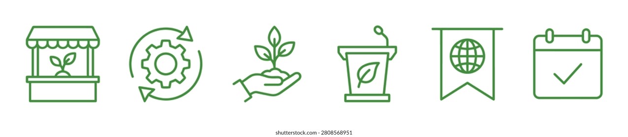 Set of green ecology line icons representing sustainability, including an organic market, recycling gear, plant growth, environmental conference, global conservation, and a calendar event