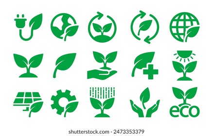 Set von grünen Ökologie Vektor-Icons symbolisieren umweltfreundliche Praktiken, Nachhaltigkeit, erneuerbare Energien und Naturschutz