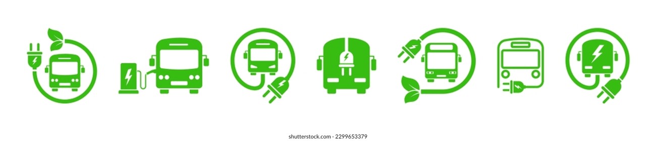 Set of green electric bus with plug. Electric city bus charger place. Recharger battery station for bus. Friendly alternative energy.