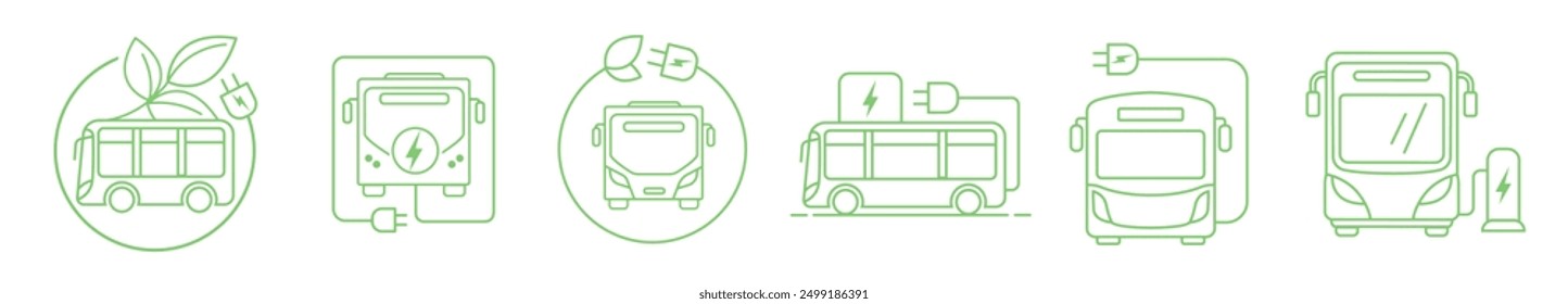 Set of green electric bus with plug