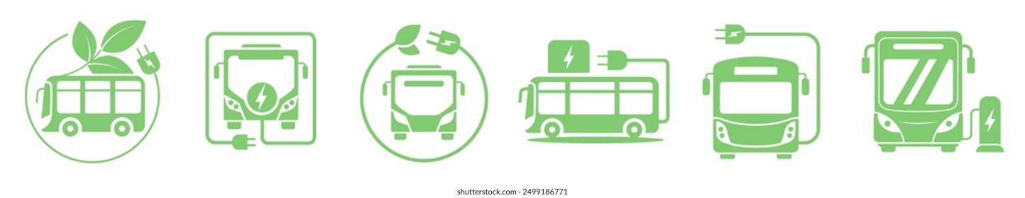 Set of green electric bus with plug