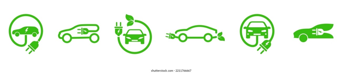 Set of green electric car with plug. Electric car charger place. Recharger battery station for automobile. Friendly alternative energy.