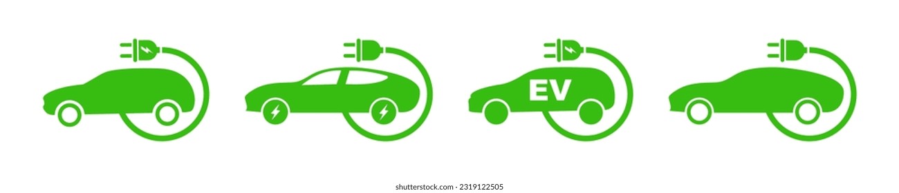 Set of green electric car with plug. Electric car charger place. Recharger battery station for automobile. Friendly alternative energy.