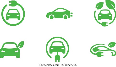 Set of green electric car with plug. Electric car charger place. Recharger battery station for automobile. Friendly alternative energy.