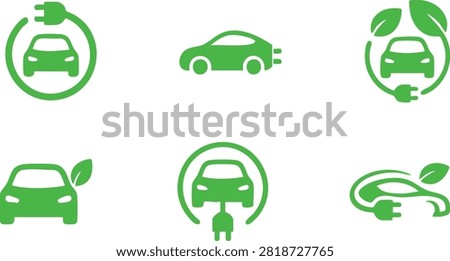 Set of green electric car with plug. Electric car charger place. Recharger battery station for automobile. Friendly alternative energy.