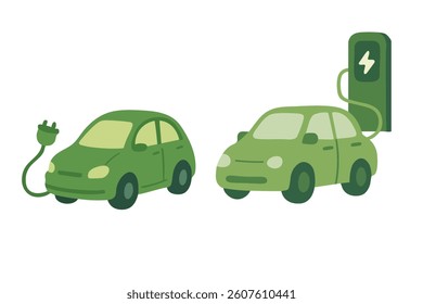 Set of green electric cars with charging cable and station. Eco transport vector clipart.