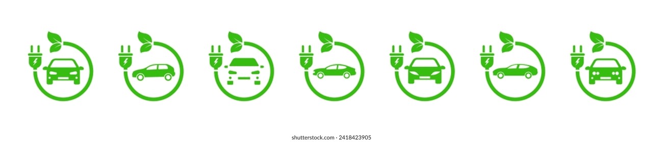 Set of green electric cars with plug. Electric car charger place. Recharger battery station for automobile.