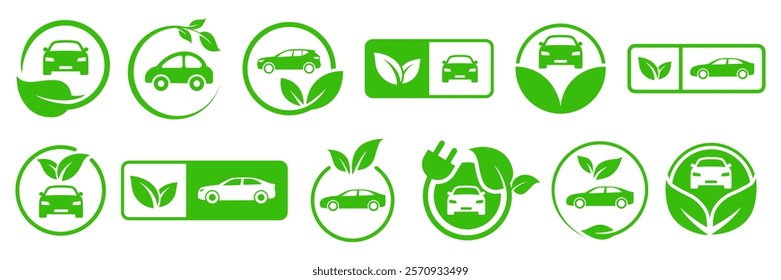 Set of green electric cars with plug. Electric car with plug icon set. EV car, Green hybrid vehicles charging point. Eco friendly vehicle concept.