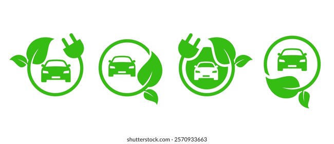 Set of green electric cars with plug. Electric car charger place. Electric vehicle icon set. Recharger battery station for automobiles.