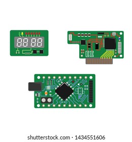 Set green electronic mini board with a micro-controller, LEDs, connectors, and other electronic components. 
