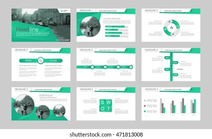 Conjunto de elementos verdes modelos abstratos. Modelos de apresentação. Uso em apresentação, folheto, relatório corporativo, marketing, publicidade