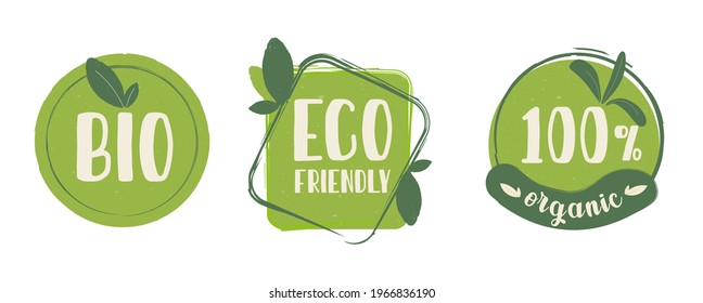 A set of green emblems. Bio, eco friendly and 100 organic. Use as a sticker for clean products