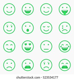 Set of green Emoticons, Emoji and Avatar. Outline style isolated vector illustration on white background. Happy, sad, disappointment face icon graphic.