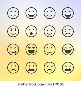 Set of green Emoticons, Emoji and Avatar. Outline style isolated vector illustration on white background. Happy, sad, disappointment face icon graphic on blurred background.