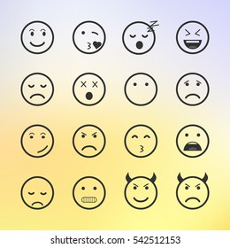 Set of green Emoticons, Emoji and Avatar. Outline style isolated vector illustration on white background. Happy, sad, disappointment face icon graphic on blurred background.