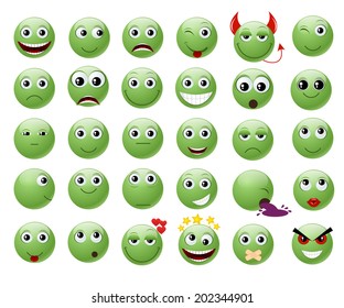 Set of green emoticons. Vector illustration, isolated on a white. EPS10