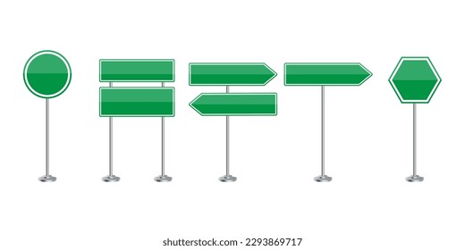 Set mit grünen leeren Schildern. Stadtstraße einzeln. Reisekonzept. Vektorgrafik.