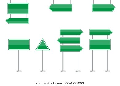 Set with green empty signs. City road isolated. Travel concept. Vector illustration.