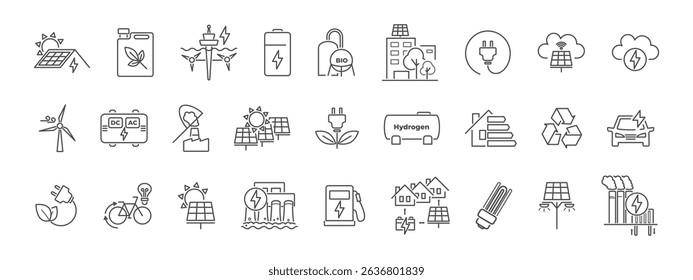 Set of green energy icon designs. Line style ecology symbols related to eco power, carbon control, and environment care. Earth-focused elements for sustainability themes. Vector illustration.