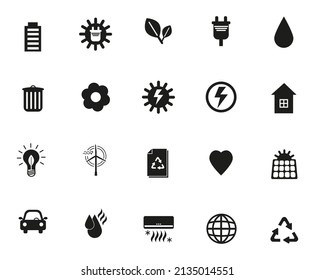 Set of green energy icons in black and white. Solar power concept. Simple flat vector illustration. 
