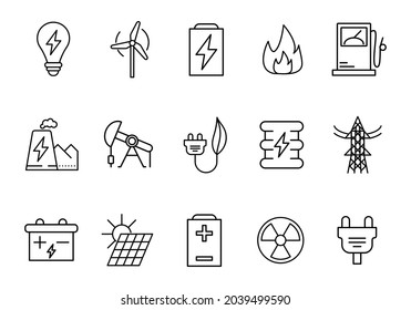 Set of green energy icons. Flat pictogram for web. Line stroke. Simple eco electricity symbols isolated on white background. Outline ecology vector eps10
