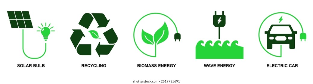 Set of green energy icons vector for eco concepts, renewable power, and sustainable solutions. Ideal for environmental conservation projects, eco education, and clean energy initiatives.