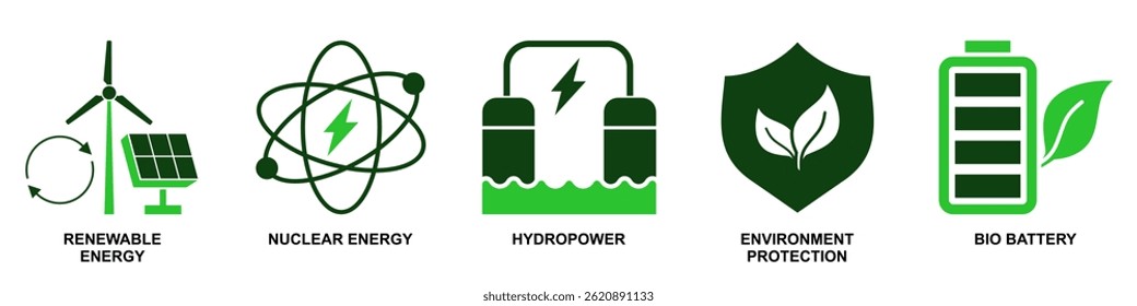 Set of green energy icons vector for eco concepts, renewable power, and sustainable solutions. Ideal for environmental conservation projects, eco education, and clean energy initiatives.