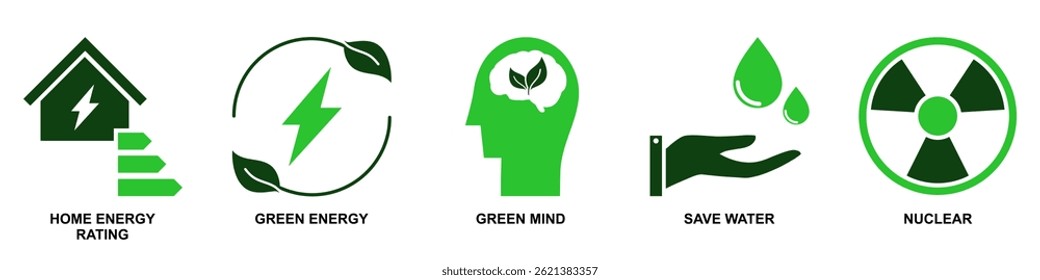 Set of green energy icons vector for eco concepts, renewable power, and sustainable solutions. Ideal for environmental conservation projects, eco education, and clean energy initiatives.