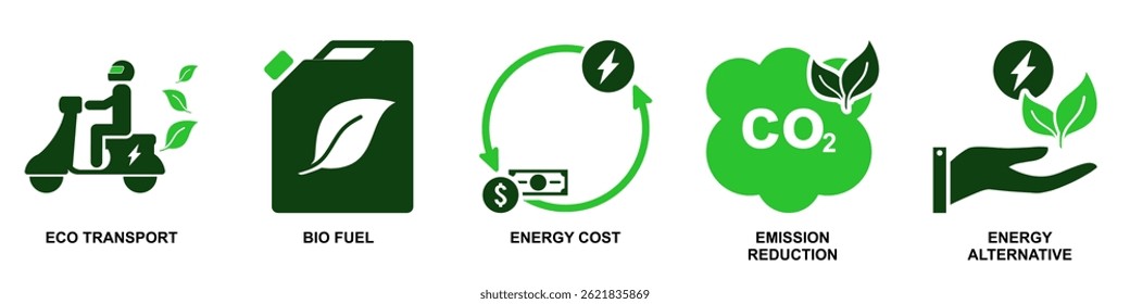Conjunto de ícones de energia verde vetor para conceitos ecológicos, energia renovável e soluções sustentáveis. Ideal para projetos de conservação ambiental, educação ecológica e iniciativas de energia limpa.