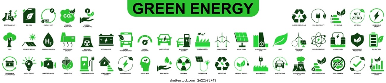 Set of green energy icons vector for eco concepts, renewable power, and sustainable solutions. Ideal for environmental conservation projects, eco education, and clean energy initiatives.