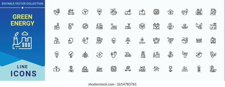 Set of Green Energy line icon. Included power, eco, environmental, sustainable, environment and more. Minimal icons collection. Eco icon set in linear style. Editable stroke. Vector collection.