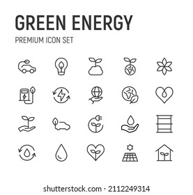 Conjunto de iconos de línea de energía verde. Paquete de carteles de moda. Pixel perfecto objetos para interfaz de usuario, aplicaciones y web. 