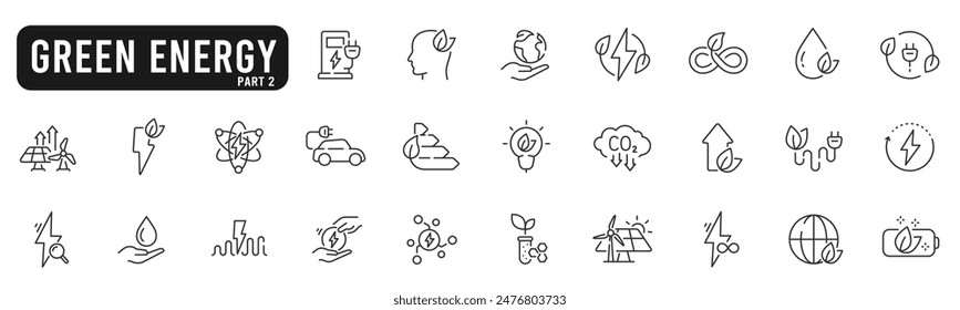 Set of green energy line icons. Eco, power, solar, leaf, plant etc. Part 2