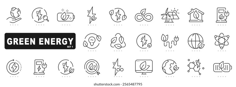 Set of green energy related line icons. Eco, ecology, leaf, earth etc. Editable stroke.