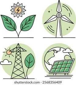 Set of green energy related line icons. Eco, ecology, leaf, earth etc. Editable stroke. 