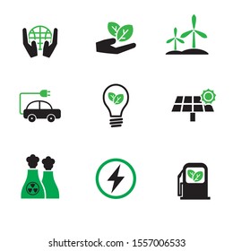 Set of green energy related vector illustration with simple black and green color isolated on white background 