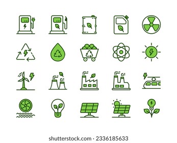 Set of green energy solid icons. Icons for renewable energy, green technology. Design elements for presentations, apps, websites, and many other. Vector icon set