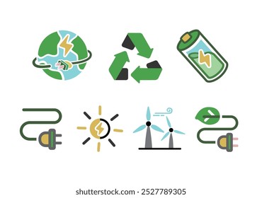 Um conjunto de tecnologia de energia verde, ícones vetoriais editáveis que incluem energia eólica, energia solar, vida sustentável e baterias ecológicas.