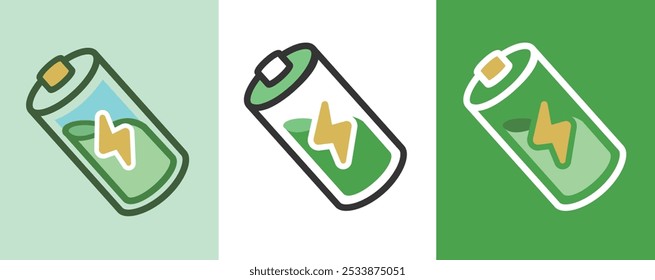 A set of green energy technology, editable, vector icons that includes solar energy, sustainable living, and eco-friendly batteries.