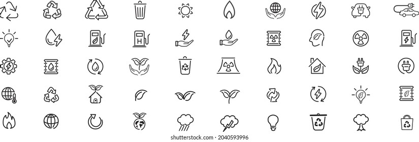 Set of green energy thin line icons. Icons for renewable energy, green technology. Design elements for you projects. Vector illustration