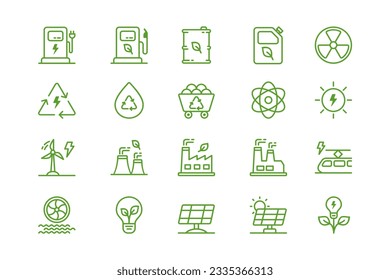 Set of green energy thin line icons. Icons for renewable energy, green technology. Design elements for presentations, apps, websites, and many other. Vector icon set
