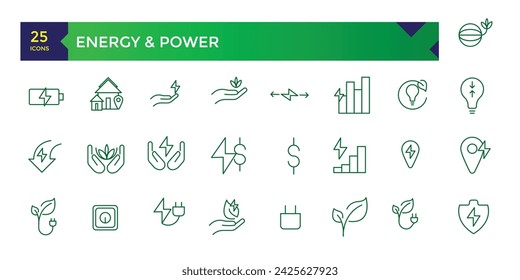 Set of green energy thin line icons ecology icons set. Nature icon.