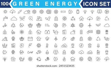 Set of green energy thin line icons. Icons for renewable energy, green technology. Design elements for you projects. Vector illustration