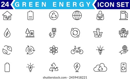 Set of green energy thin line icons. Icons for renewable energy, green technology. Design elements for you projects. Vector illustration