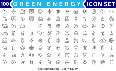 Set of green energy thin line icons. Icons for renewable energy, green technology. Design elements for you projects. Vector illustration