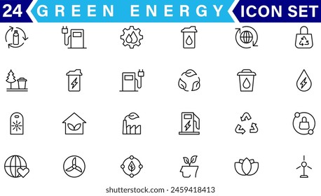 Set of green energy thin line icons. Icons for renewable energy, green technology. Design elements for you projects. Vector illustration