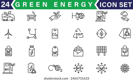 Set of green energy thin line icons. Icons for renewable energy, green technology. Design elements for you projects. Vector illustration