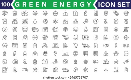 Set of green energy thin line icons. Icons for renewable energy, green technology. Design elements for you projects. Vector illustration